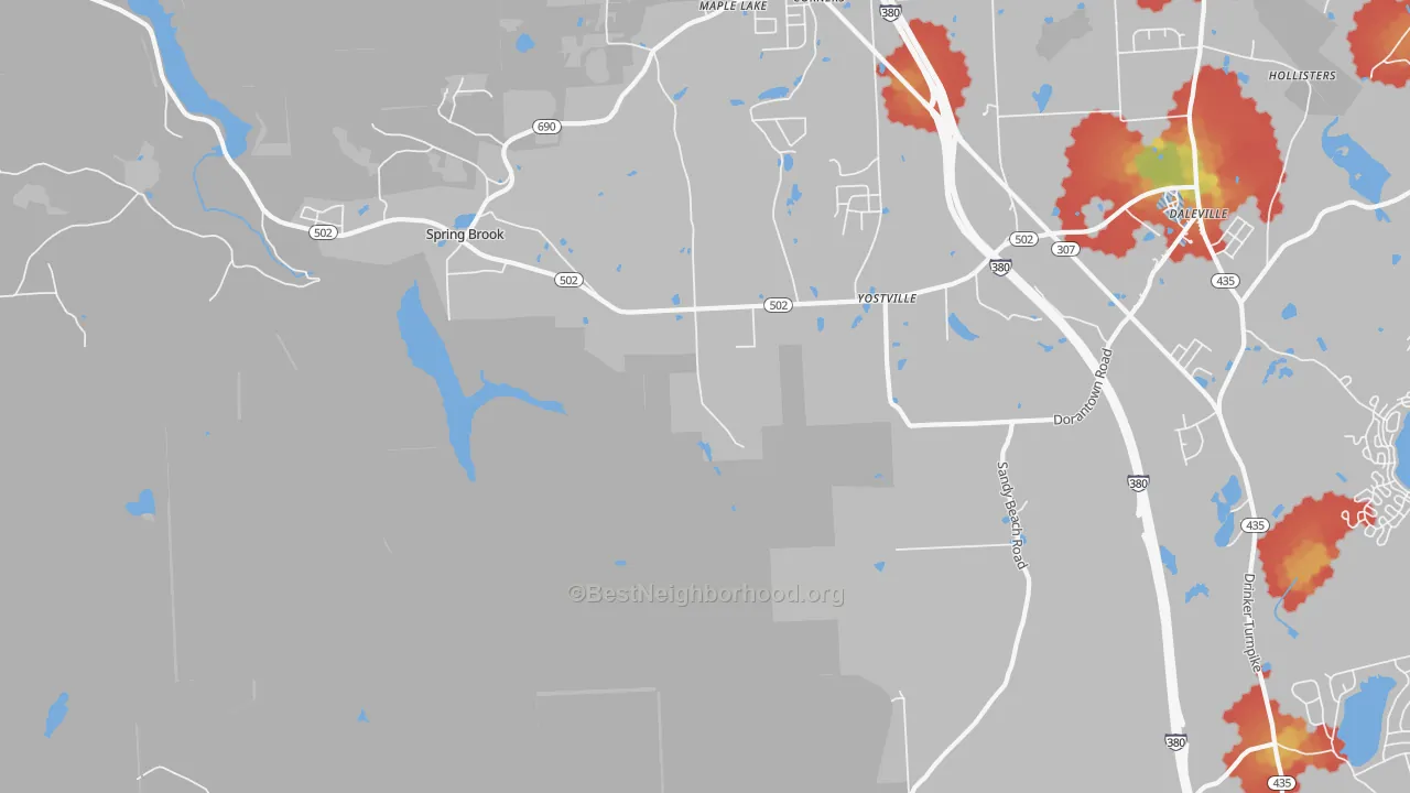 Walk Grade map of Yostville, PA, walkable areas in green and car-dependent areas in red
