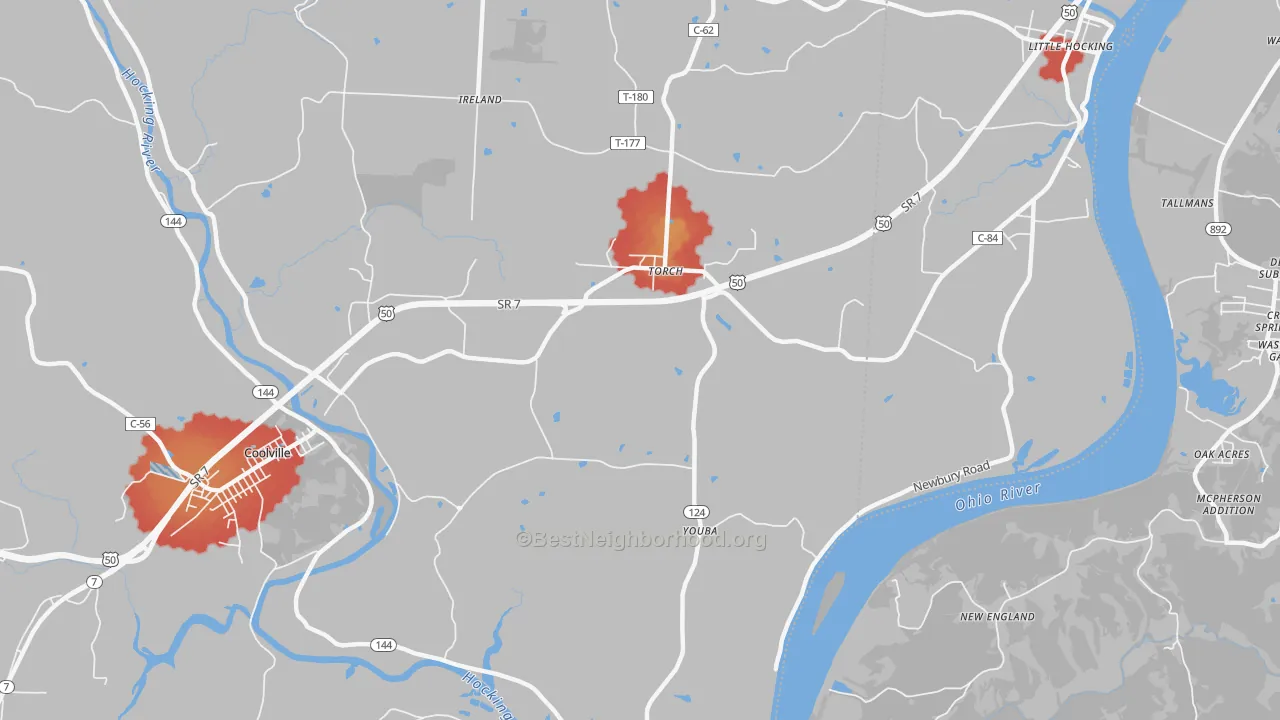 Walk Grade map of Youba, OH, walkable areas in green and car-dependent areas in red