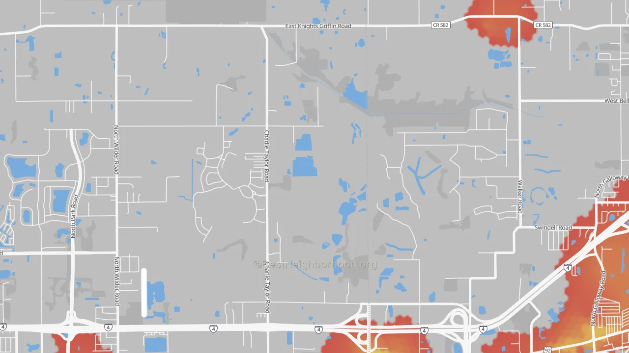 Walk Grade map of Youmans, FL, walkable areas in green and car-dependent areas in red