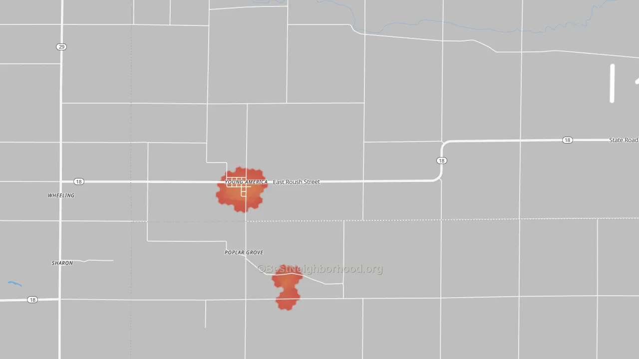 Walk Grade map of Young America, IN, walkable areas in green and car-dependent areas in red