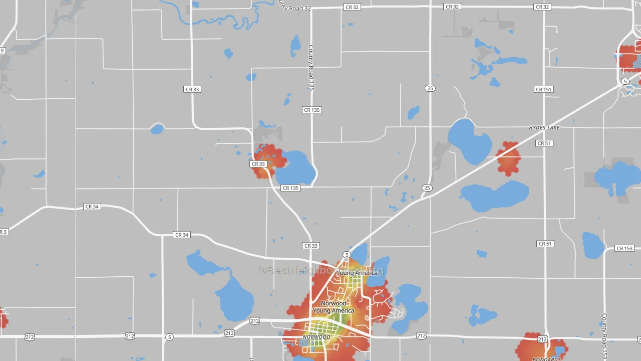 Walk Grade map of Young America, MN, walkable areas in green and car-dependent areas in red