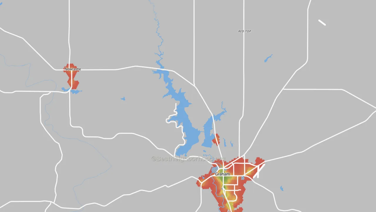 Walk Grade map of Young County, TX, walkable areas in green and car-dependent areas in red