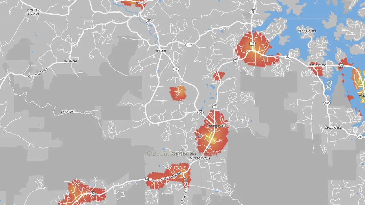 Walk Grade map of Young Harris, GA, walkable areas in green and car-dependent areas in red