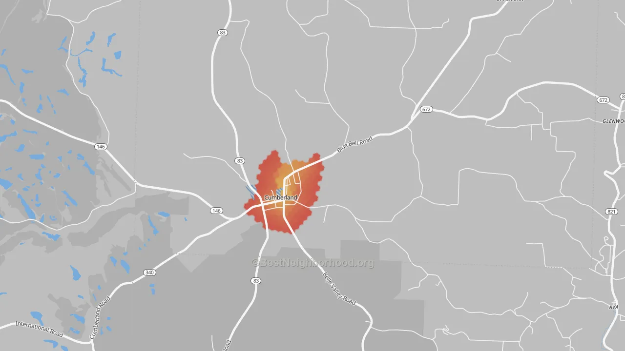 Walk Grade map of Young Hickory, OH, walkable areas in green and car-dependent areas in red