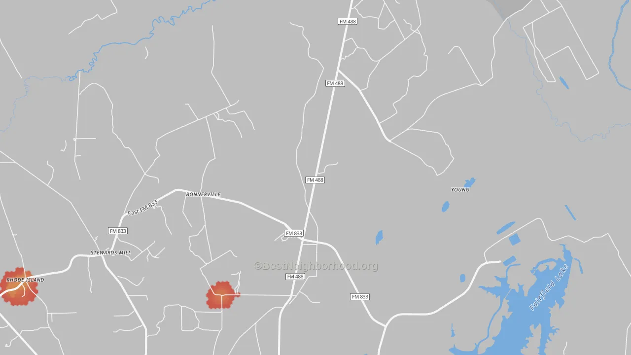 Walk Grade map of Young, TX, walkable areas in green and car-dependent areas in red