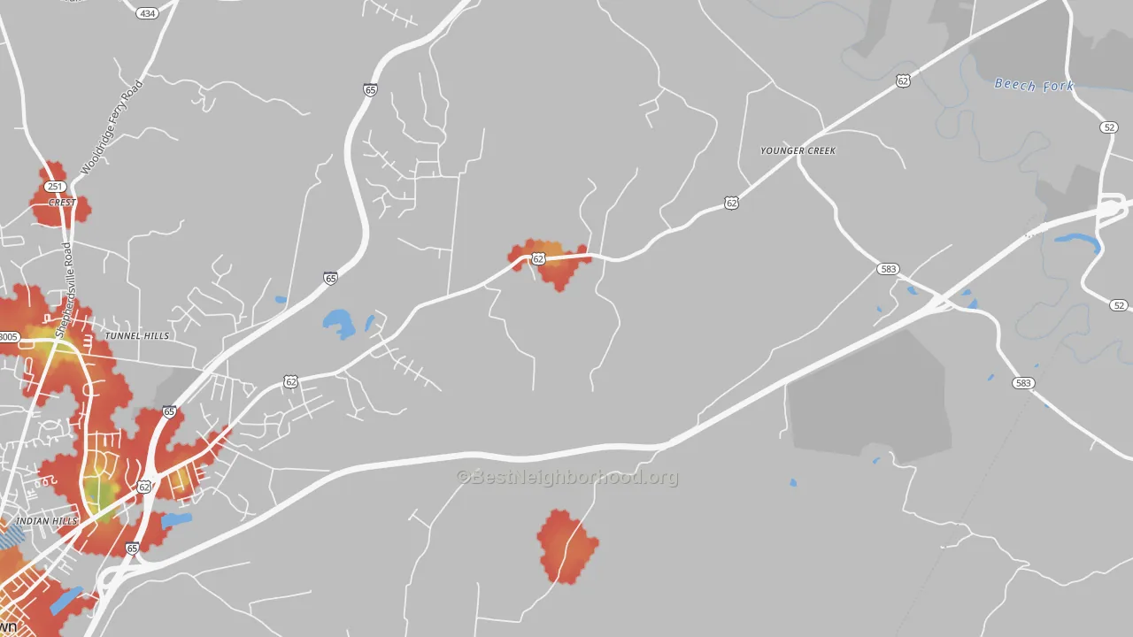 Walk Grade map of Younger Creek, KY, walkable areas in green and car-dependent areas in red