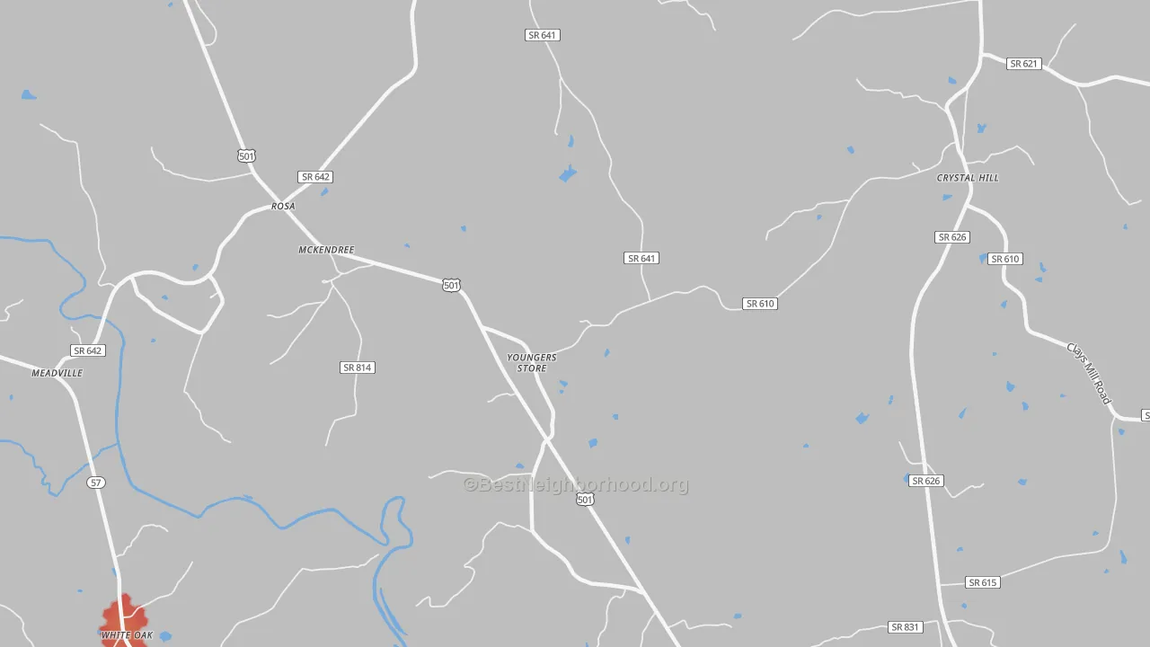 Walk Grade map of Youngers Store, VA, walkable areas in green and car-dependent areas in red