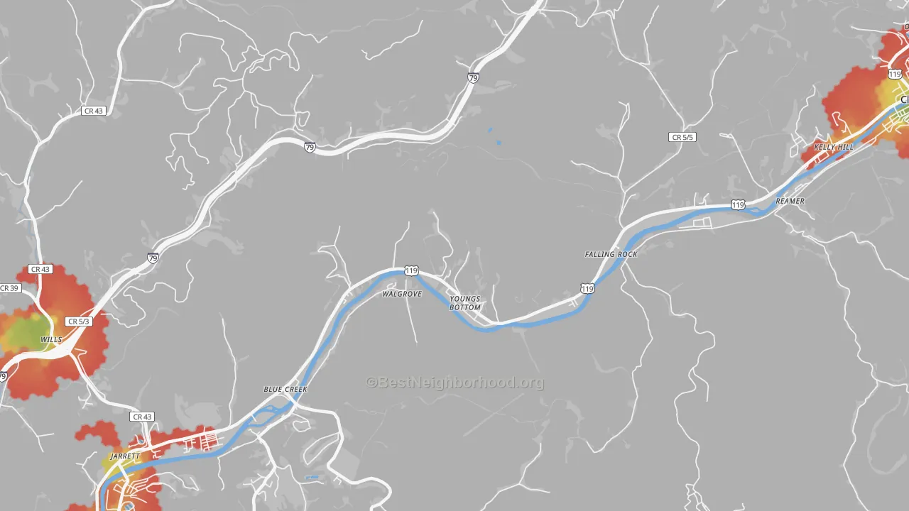 Walk Grade map of Youngs Bottom, WV, walkable areas in green and car-dependent areas in red