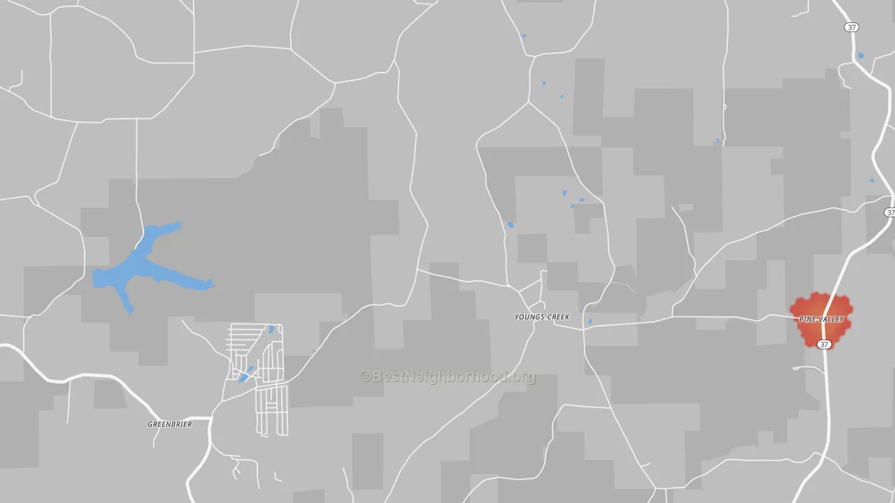 Walk Grade map of Youngs Creek, IN, walkable areas in green and car-dependent areas in red