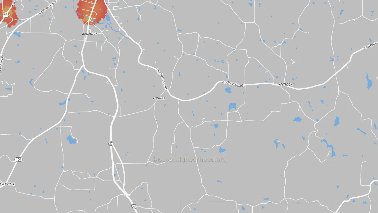 Walk Grade map of Youngs, GA, walkable areas in green and car-dependent areas in red