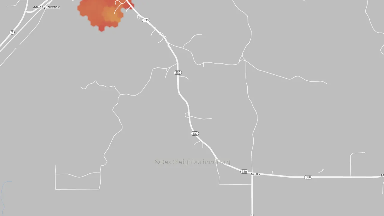 Walk Grade map of Youngs, MS, walkable areas in green and car-dependent areas in red