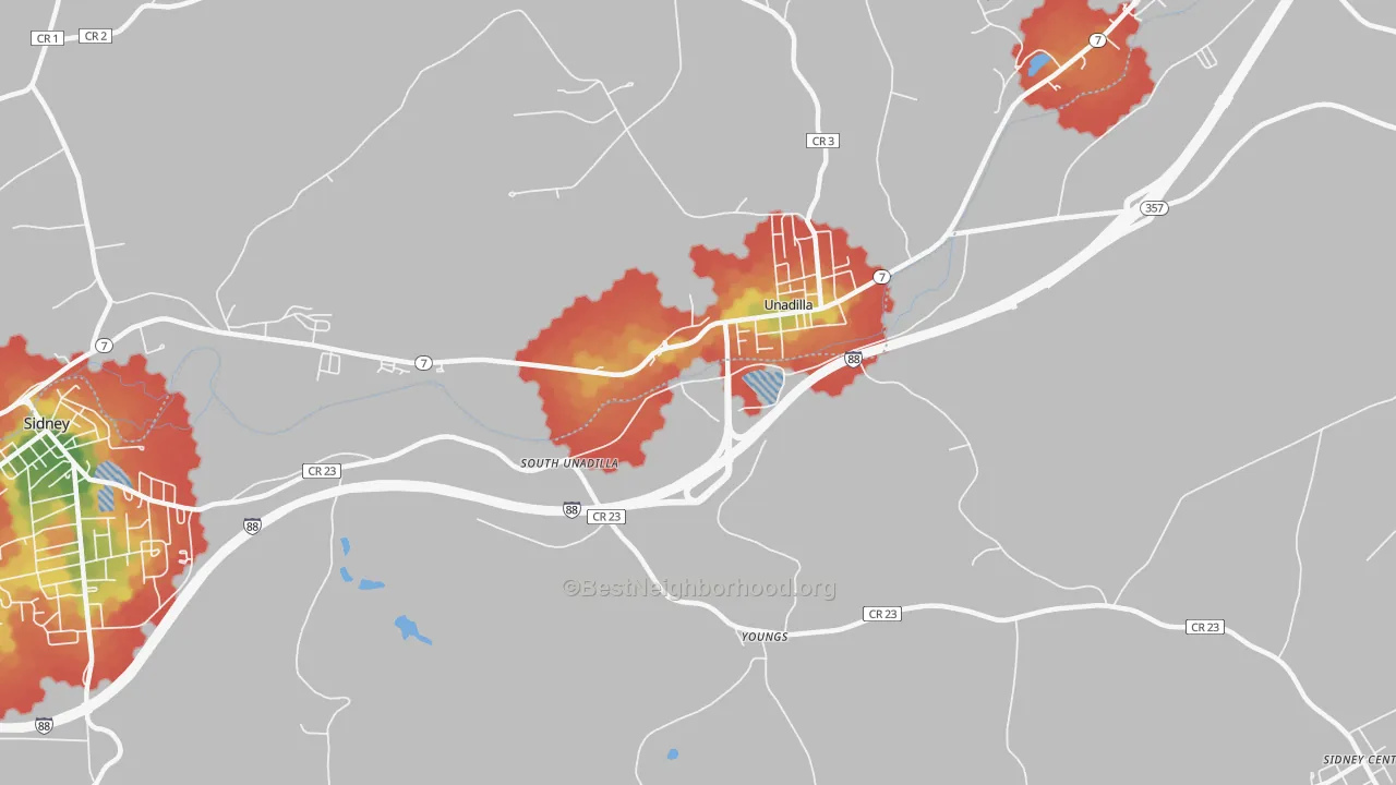 Walk Grade map of Youngs, NY, walkable areas in green and car-dependent areas in red