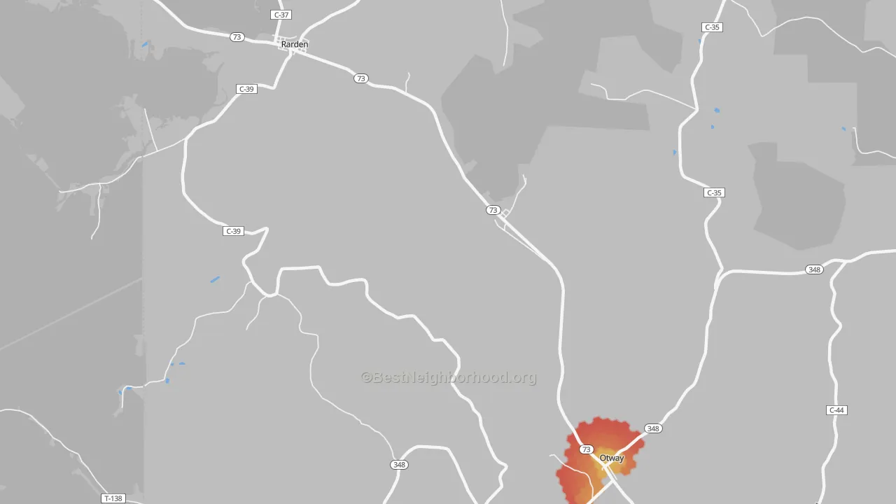 Walk Grade map of Youngs, OH, walkable areas in green and car-dependent areas in red