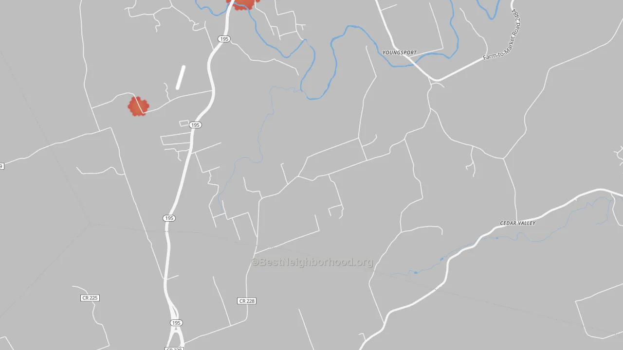 Walk Grade map of Youngsport, TX, walkable areas in green and car-dependent areas in red