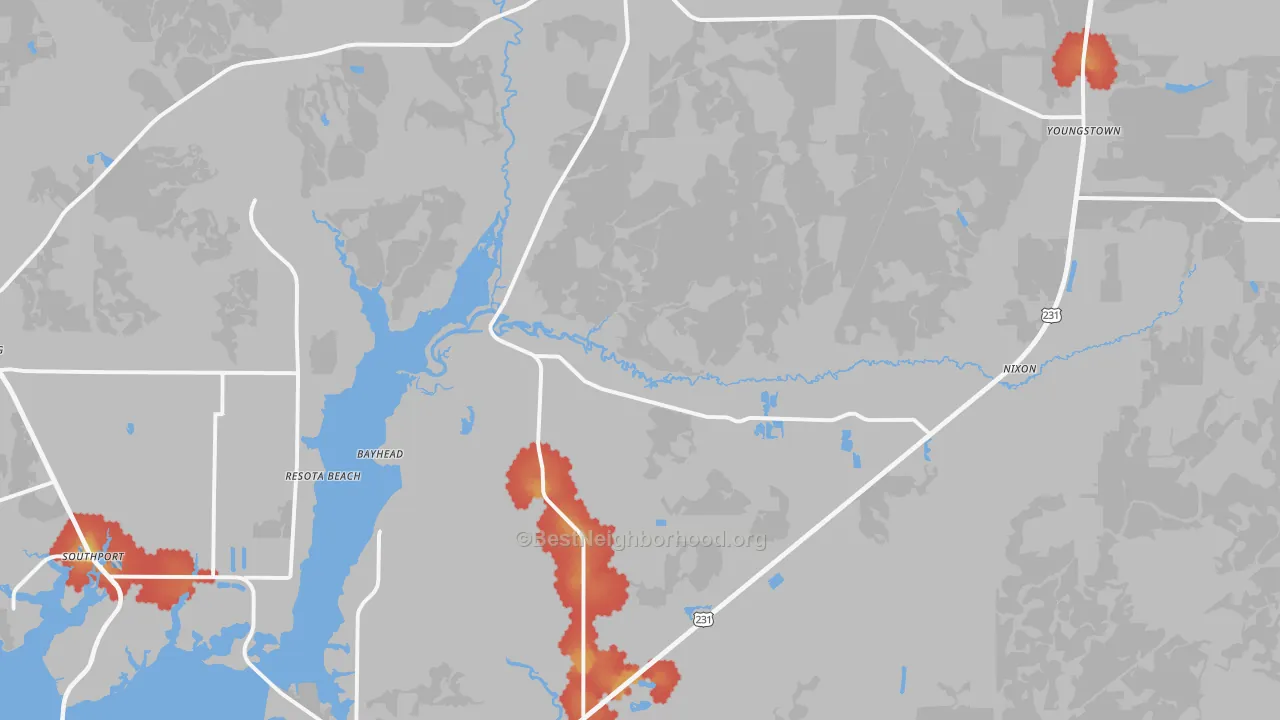 Walk Grade map of Youngstown, FL, walkable areas in green and car-dependent areas in red