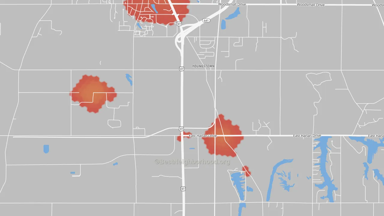 Walk Grade map of Youngstown, IN, walkable areas in green and car-dependent areas in red