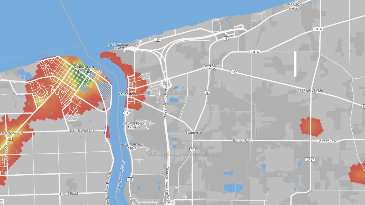 Walk Grade map of Youngstown, NY, walkable areas in green and car-dependent areas in red