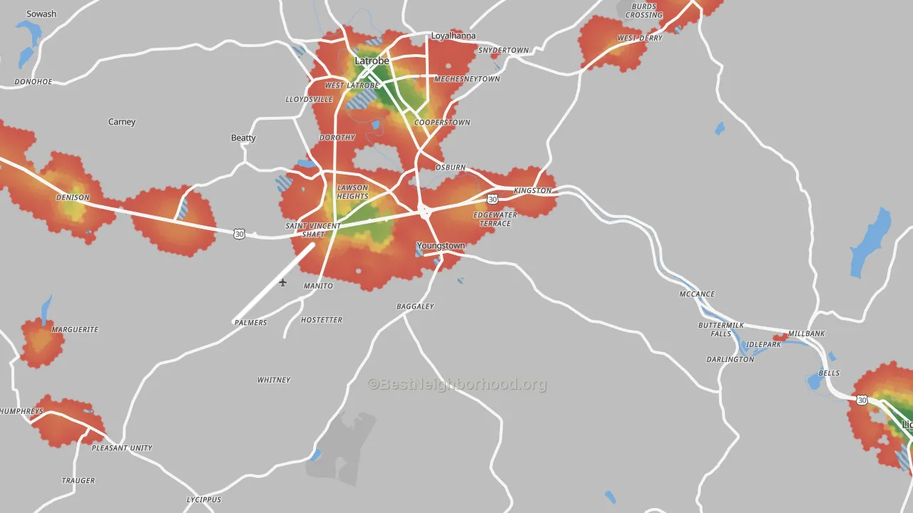 Walk Grade map of Youngstown, PA, walkable areas in green and car-dependent areas in red