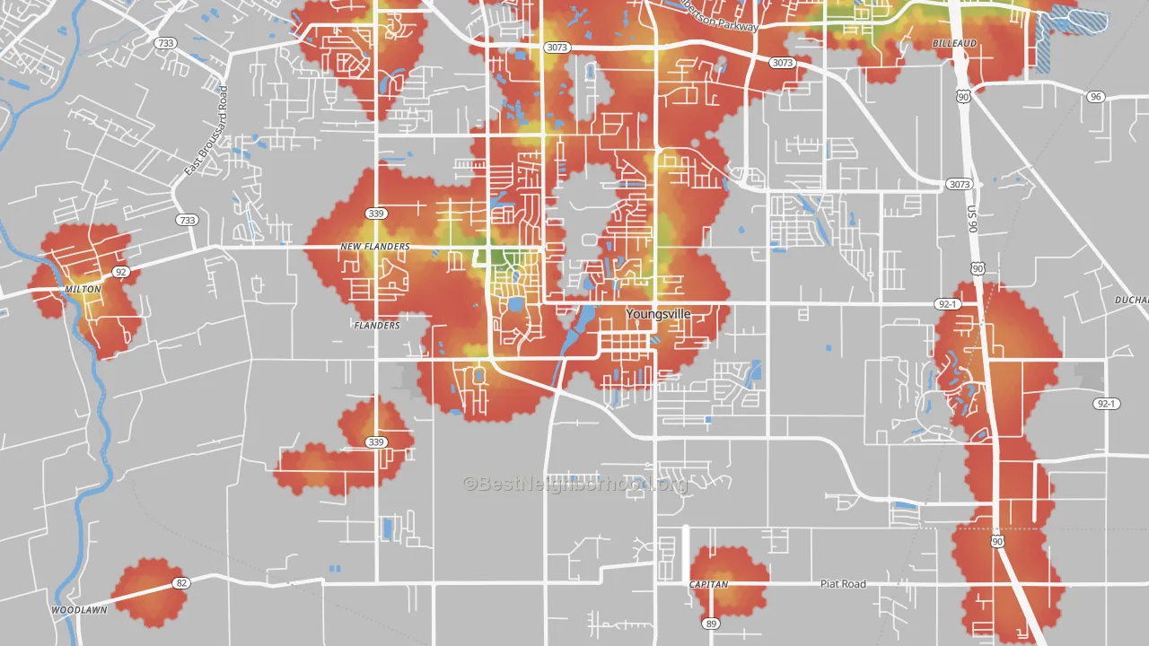 Walk Grade map of Youngsville, LA, walkable areas in green and car-dependent areas in red