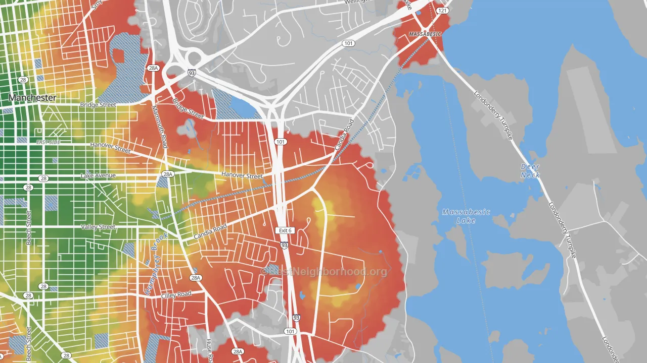 Walk Grade map of Youngsville, Manchester, NH, walkable areas in green and car-dependent areas in red