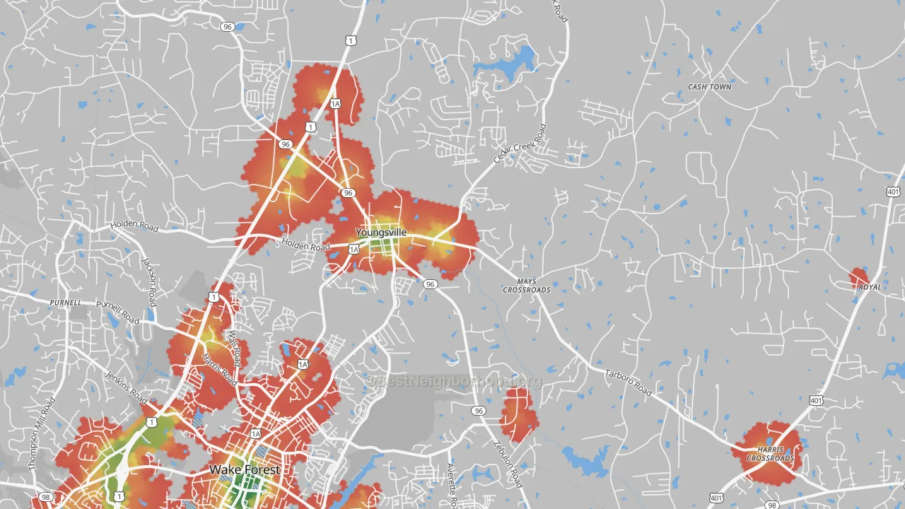 Walk Grade map of Youngsville, NC, walkable areas in green and car-dependent areas in red