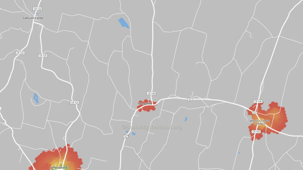 Walk Grade map of Youngsville, NY, walkable areas in green and car-dependent areas in red