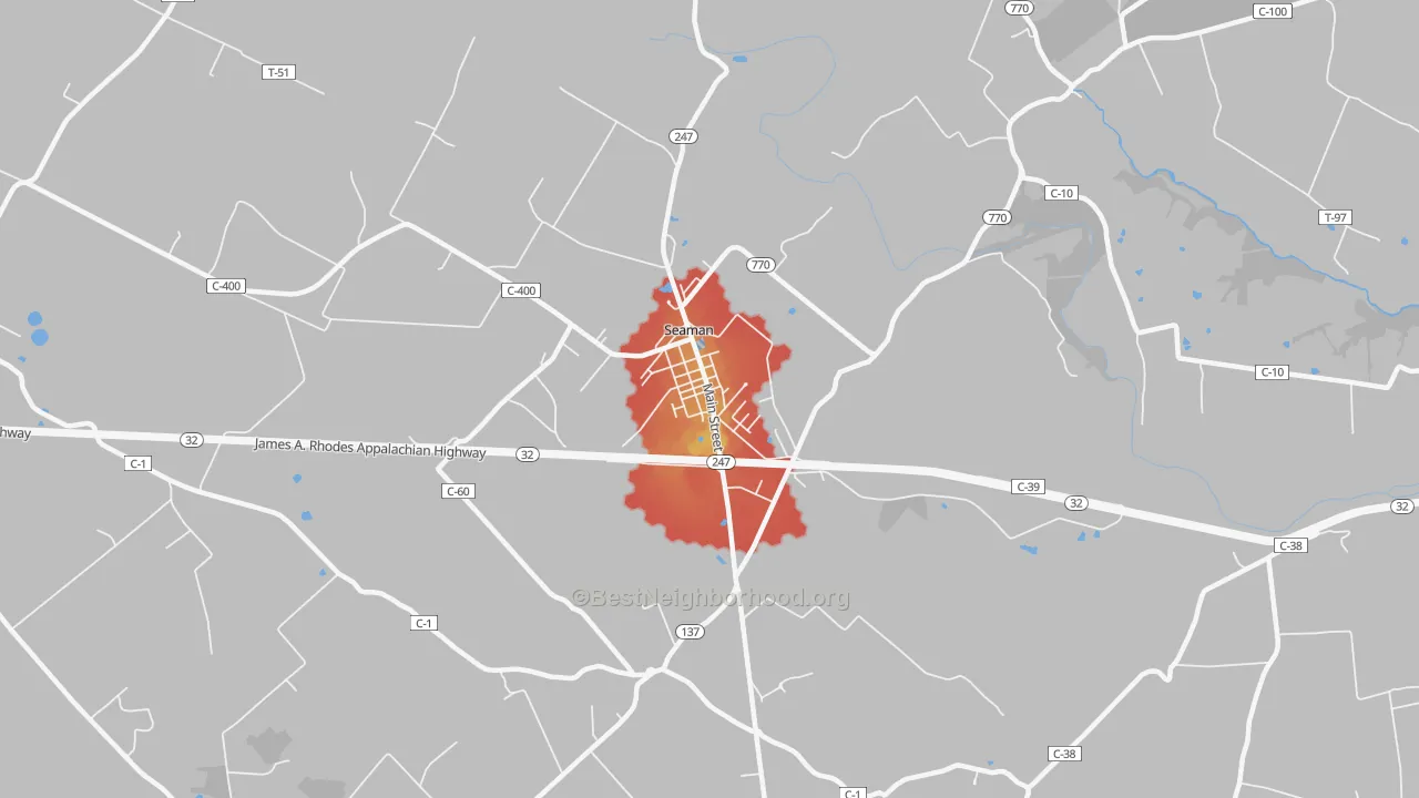 Walk Grade map of Youngsville, OH, walkable areas in green and car-dependent areas in red