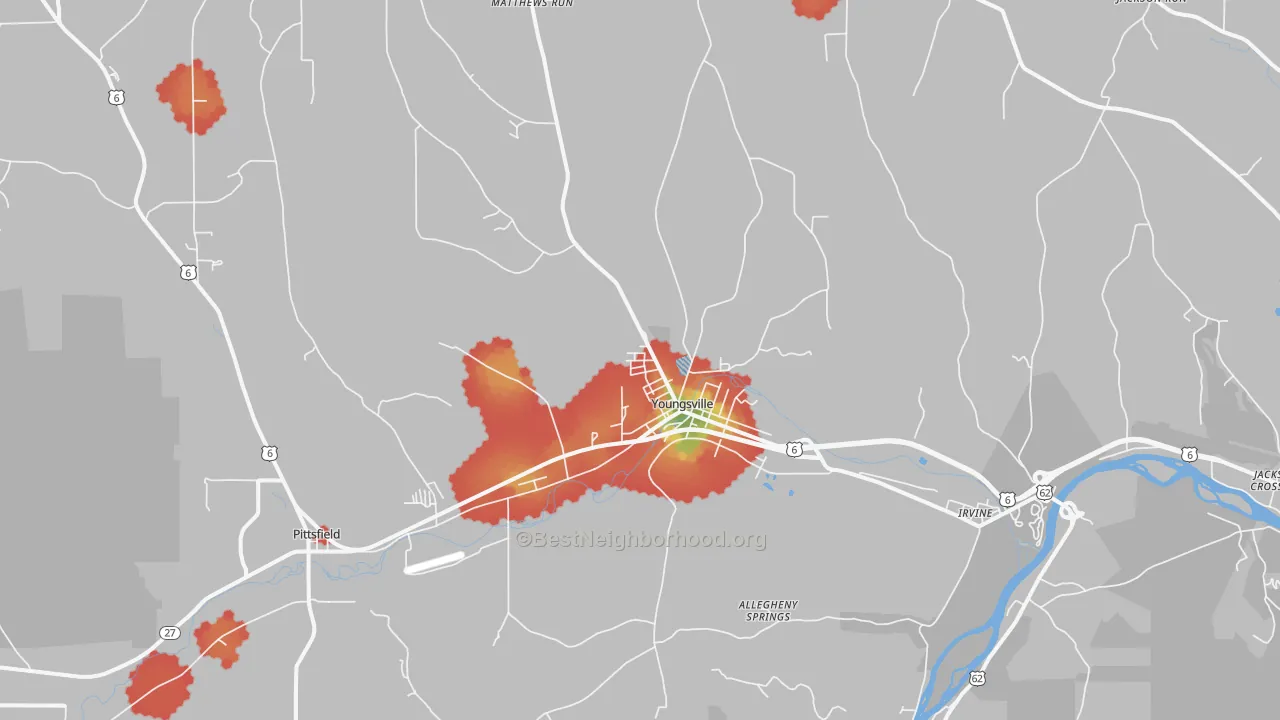 Walk Grade map of Youngsville, PA, walkable areas in green and car-dependent areas in red