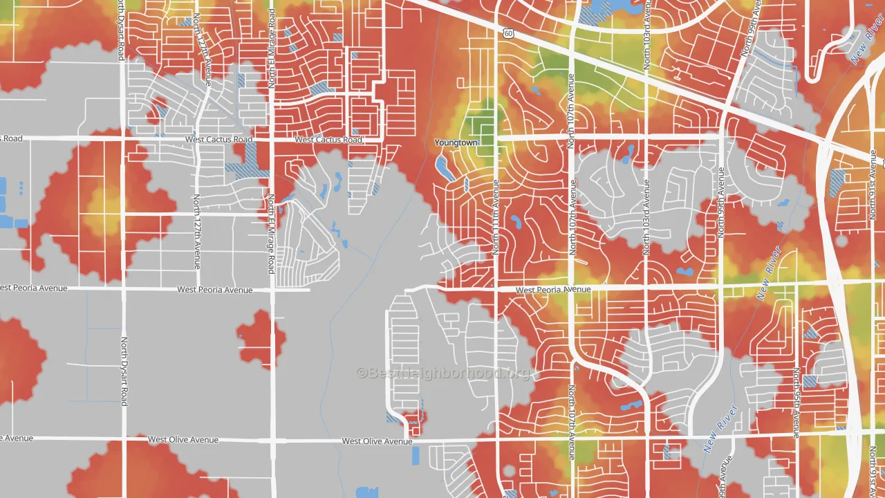 Walk Grade map of Youngtown, AZ, walkable areas in green and car-dependent areas in red