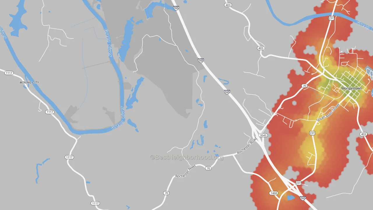 Walk Grade map of Youngtown, KY, walkable areas in green and car-dependent areas in red