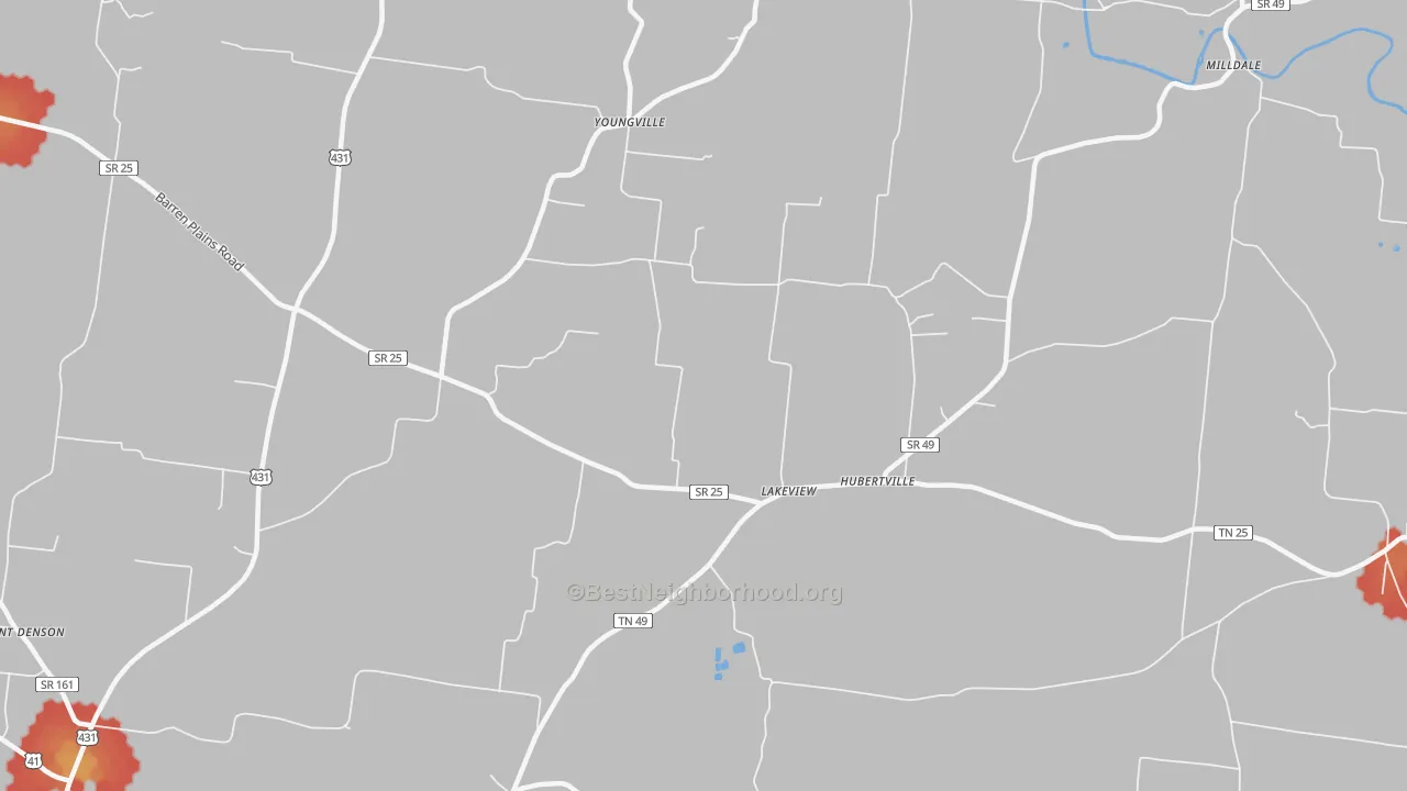Walk Grade map of Youngville, TN, walkable areas in green and car-dependent areas in red