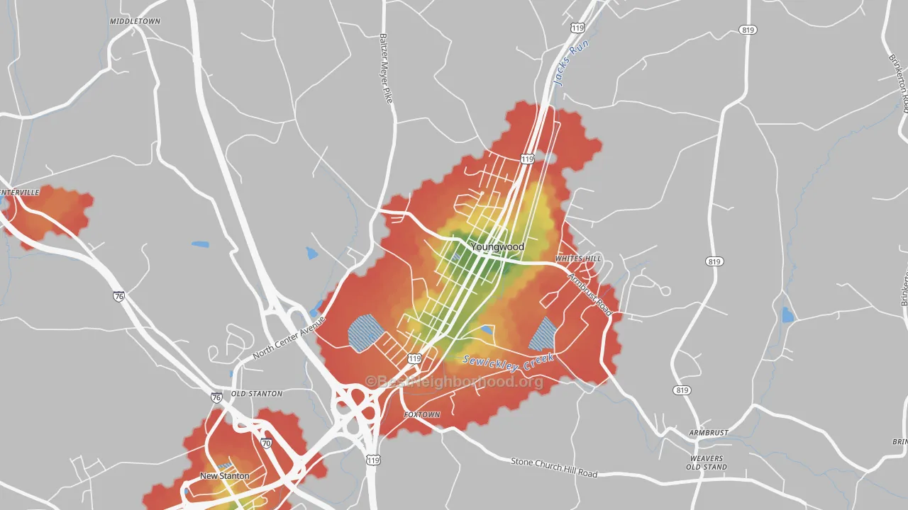 Walk Grade map of Youngwood, PA, walkable areas in green and car-dependent areas in red