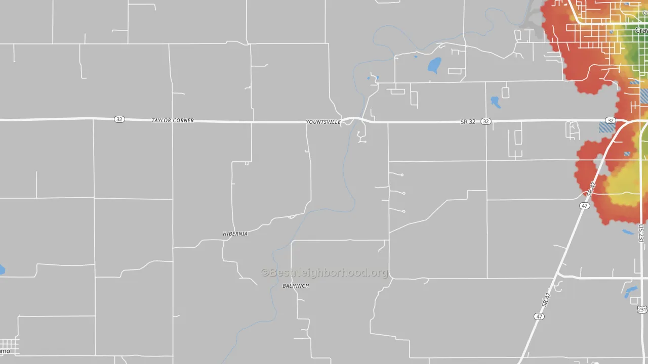 Walk Grade map of Yountsville, IN, walkable areas in green and car-dependent areas in red