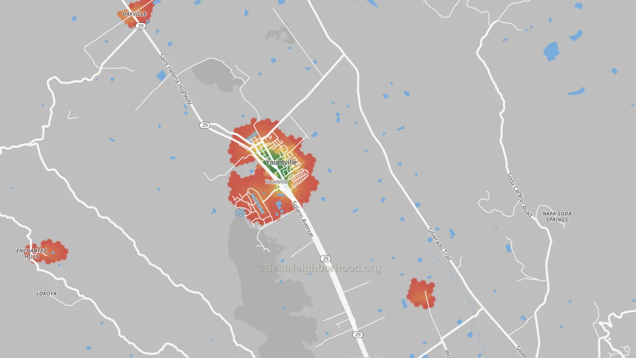 Walk Grade map of Yountville, CA, walkable areas in green and car-dependent areas in red