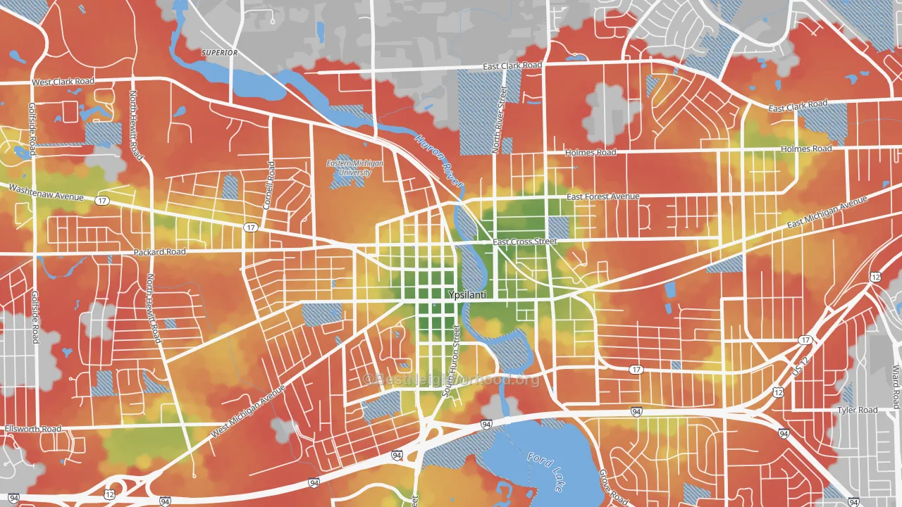 Walk Grade map of Ypsilanti Historic District, Ypsilanti, MI, walkable areas in green and car-dependent areas in red