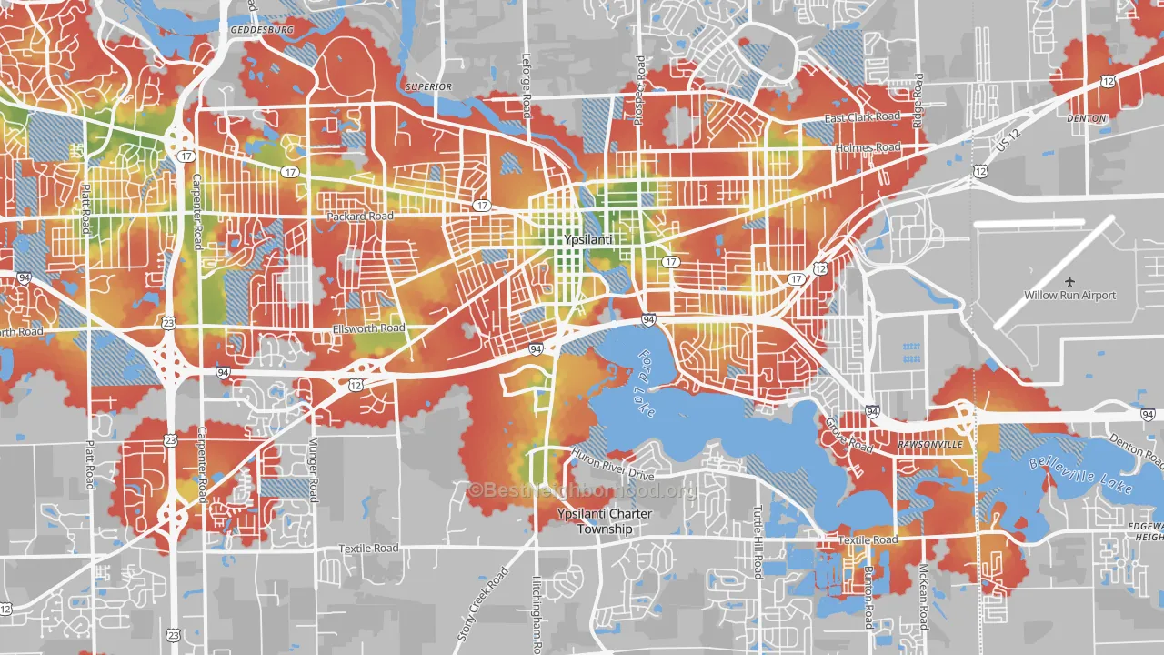 Walk Grade map of Ypsilanti, MI, walkable areas in green and car-dependent areas in red