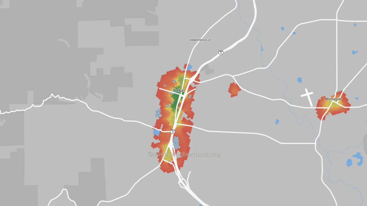 Walk Grade map of Yreka, CA, walkable areas in green and car-dependent areas in red