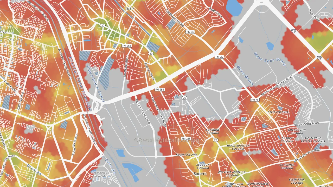 Walk Grade map of Ysleta Mission Valley, El Paso, TX, walkable areas in green and car-dependent areas in red