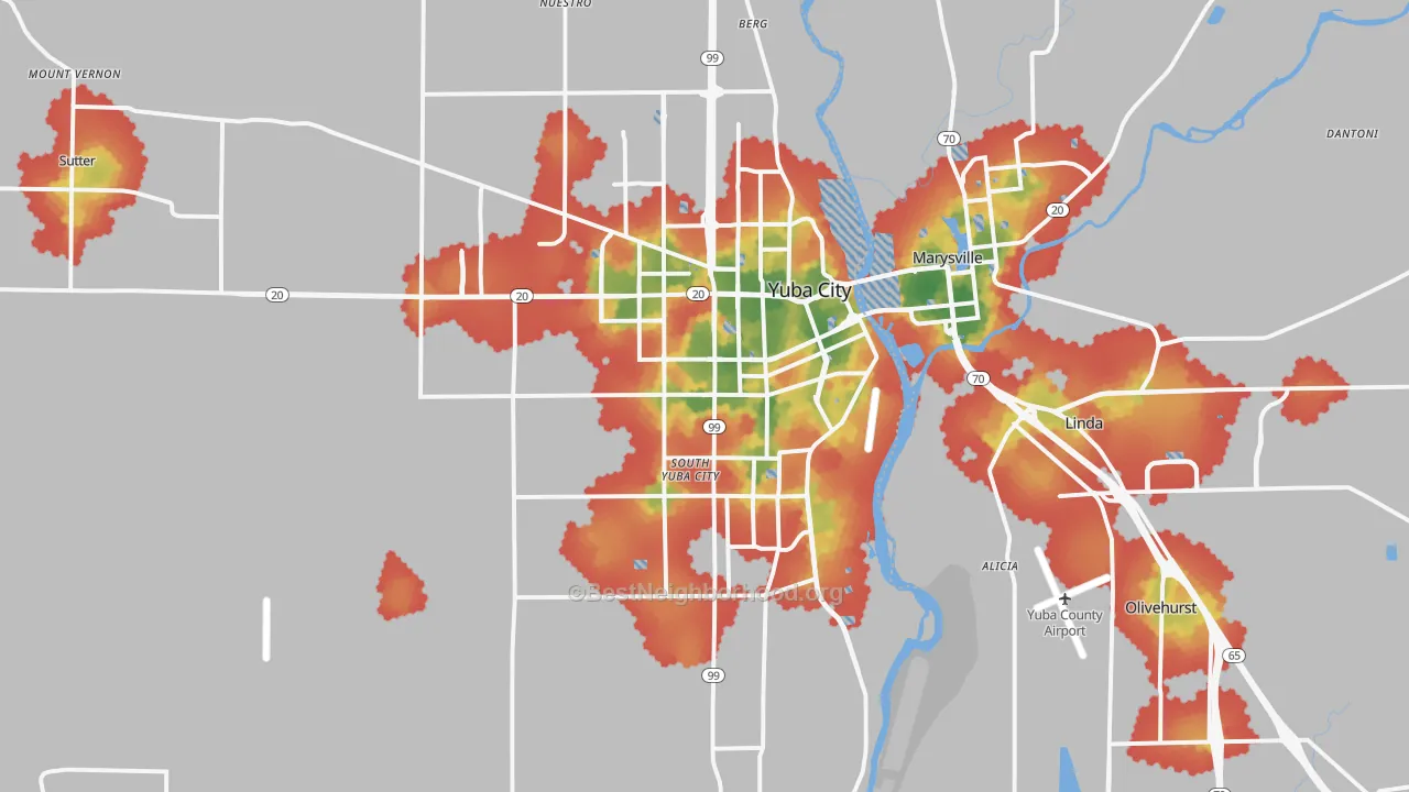 Walk Grade map of Yuba City, CA, walkable areas in green and car-dependent areas in red