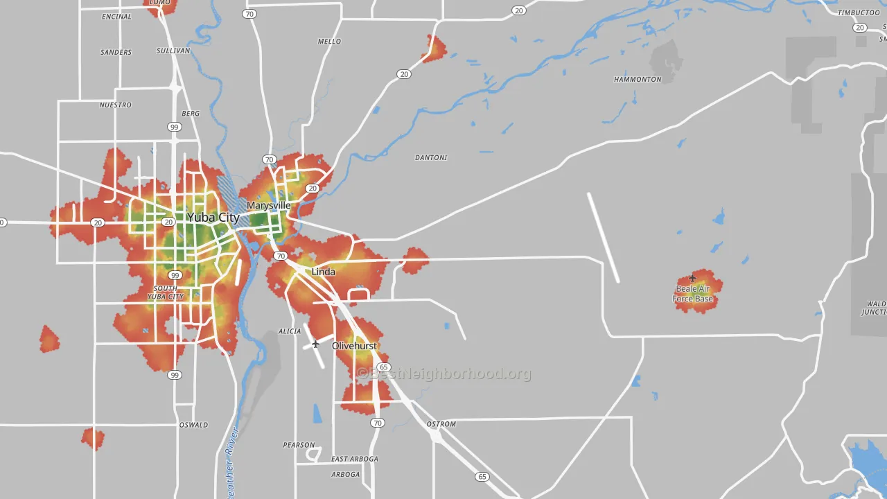 Walk Grade map of Yuba County, CA, walkable areas in green and car-dependent areas in red