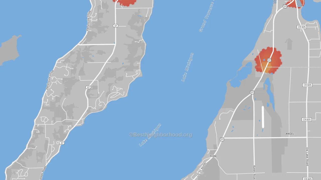 Walk Grade map of Yuba, MI, walkable areas in green and car-dependent areas in red