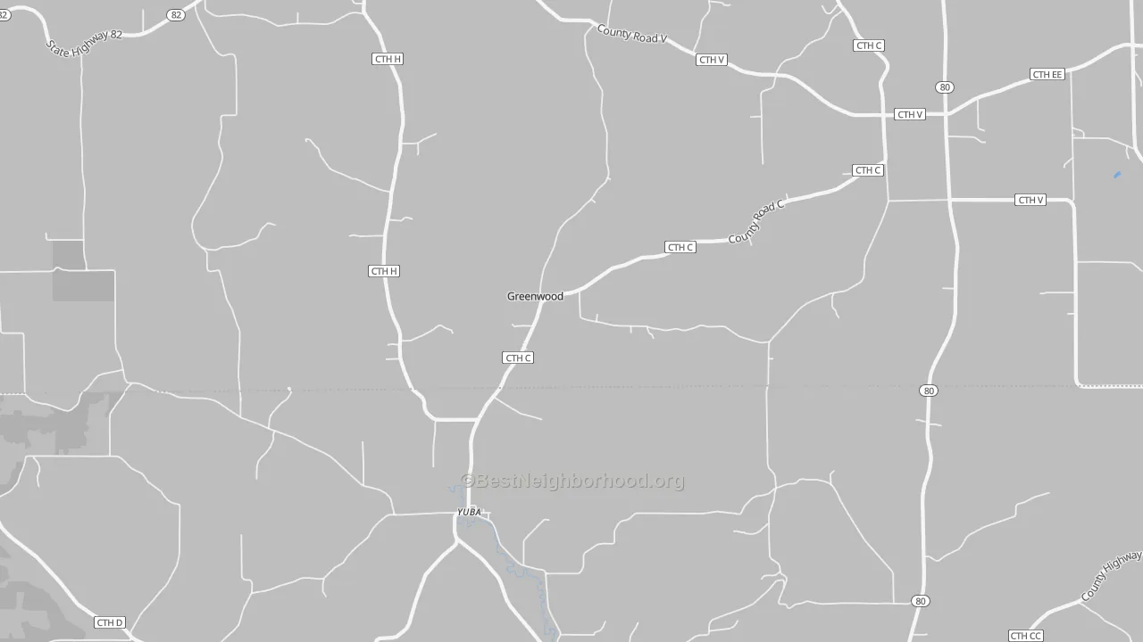 Walk Grade map of Yuba, WI, walkable areas in green and car-dependent areas in red