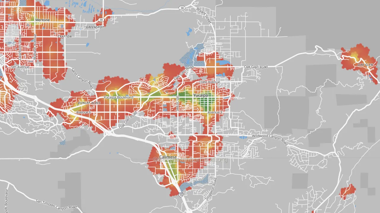 Walk Grade map of Yucaipa, CA, walkable areas in green and car-dependent areas in red