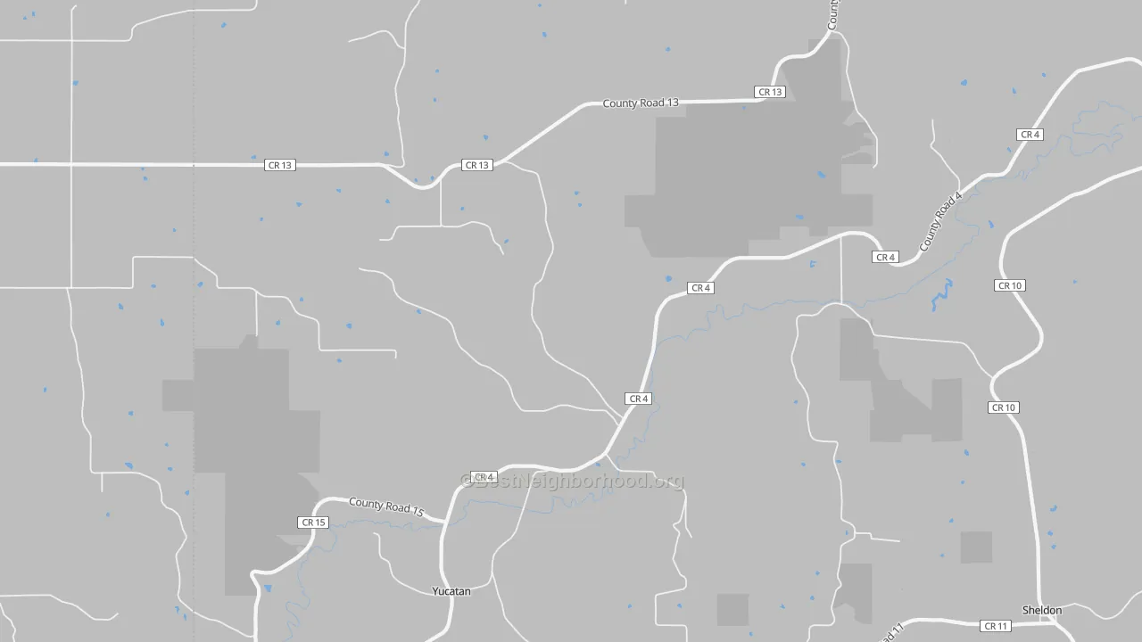 Walk Grade map of Yucatan, MN, walkable areas in green and car-dependent areas in red