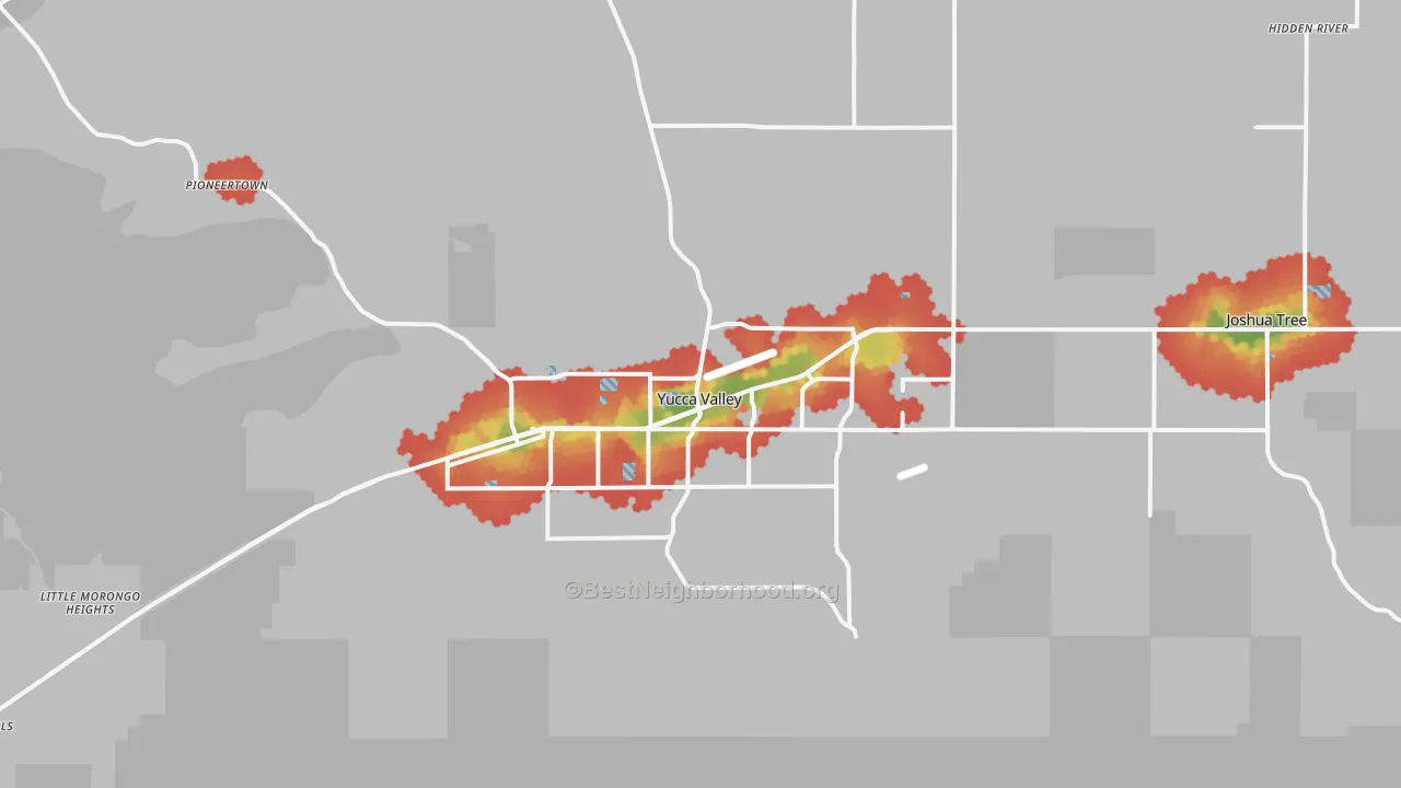 Walk Grade map of Yucca Valley, CA, walkable areas in green and car-dependent areas in red
