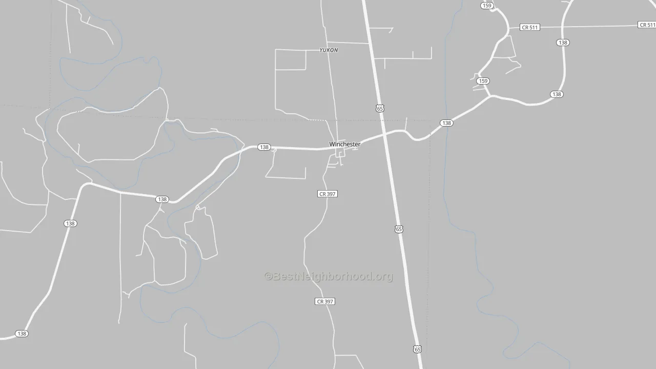 Walk Grade map of Yukon, AR, walkable areas in green and car-dependent areas in red
