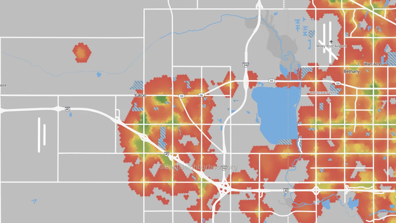 Walk Grade map of Yukon, OK, walkable areas in green and car-dependent areas in red
