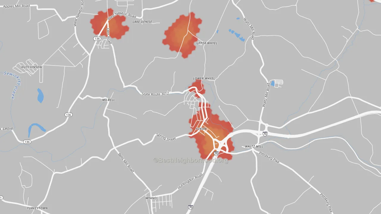 Walk Grade map of Yukon, PA, walkable areas in green and car-dependent areas in red