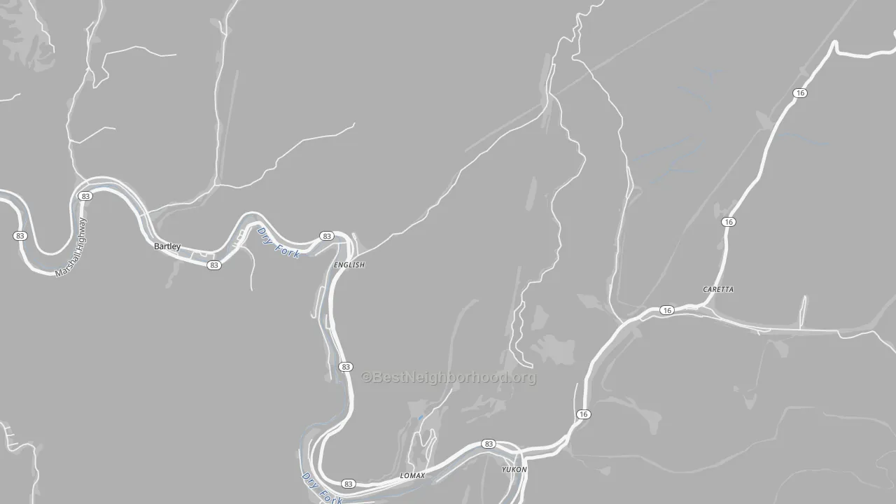 Walk Grade map of Yukon, WV, walkable areas in green and car-dependent areas in red