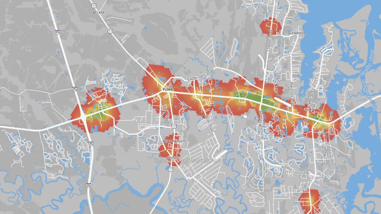 Walk Grade map of Yulee, FL, walkable areas in green and car-dependent areas in red